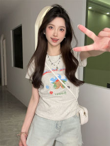 Cute Bear Print Short Sleeve Womens Slim Fit T-Shirt Sweet Girl Style Pleated Waist Short Length Commute Style Korean Version