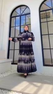Gamis Ceruty Jumbo Rinjani Motif Etnik Mayung Full Furing Muslim Wudhu Friendly Dress Maxi Mewah Gaun Pesta Kondangan