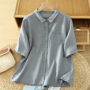 Áo Sơ Mi Vải Lanh Cotton Cổ Polo Tay Ngắn Mùa Hè Cho Nữ Dáng Rộng Chất Liệu Cotton Lanh Phong Cách Cổ Điển Áo Thun