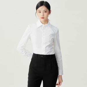 Slim Fit Long Sleeve White Shirt Womens Business Casual Cotton Blend Stretch Fabric Waist-Cinching Versatile Commute Shirt