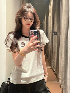 SHUQINGLAI | Retro Colorblock V-Neck Embroidered Slimming T-Shirt
