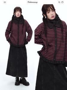 NAPSNAPS | Áo Cardigan Knit Cổ Tròn Sọc Đối Chiếu Phong Cách Retro