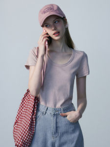 Eggka Solid Color U-Neck Short Sleeve Womens T-Shirt Korean Style Casual Versatile Commute Slim Fit Shoulder T-Shirt Pink Top