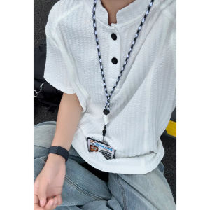 White Quick-Dry Ice Silk Polo Shirt Mens Summer Short Sleeve Henry Collar High Street American College Style CleanFit T-Shirt