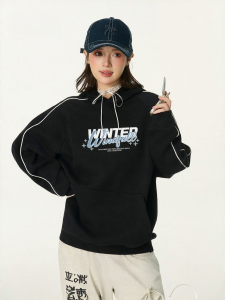 Gbiaior | Áo Hoodie Rộng Màu Đen có In Chữ Retro và Phối Màu