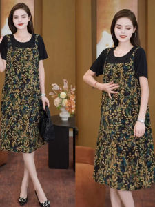 Loose round Neck Print Midi Dress Fashionable Comfortable Polyester Blend mid Aged Womens Clothing Spring Autumn New Style
