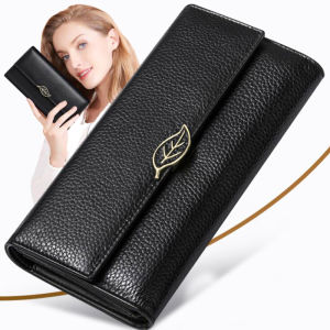 BANYANU Black Women Wallet Cow Genuine Leather Trifold Long Purse Card Holder Women Clutch Bags for Gifts