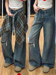 American Retro High Waist Straight Leg Denim Jeans Womens Loose Wide Leg Long Pants Hole Design Casual Autumn Jeans