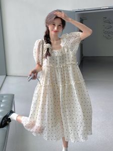 White Bubble Sleeve Square Collar Print Dress Womens Summer New Korean Loose A-Line Skirt Fairy Tale Style Commute Fashion