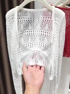 Womens Summer Lace Knit Cardigan Long Sleeve V-neck Openwork Crochet Tie Front Sun Protective Shawl Versatile Cover-Up for Fall