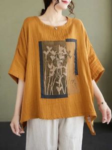 Cotton Linen Loose Short Sleeve T-Shirt Womens Summer plus Size Belly Covering Slimming Mommy Top Comfortable Breathable