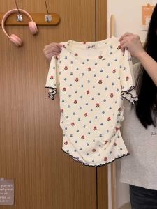 Sweet Floral Lace Short Sleeve T-Shirt Womens Style Commute Korean Version Slim Fit Cotton Polyester Blend Summer Top