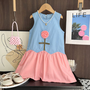 Bear Leader Kids Clothing Summer Korean Version 3D Flower Princess Dress Sweet Sleeveless Round Neck Patchwork Birthday Dresses Girls Clothes Cute Baby Girls Casual Wear
