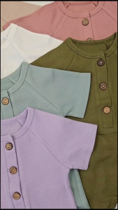 Baby Clothes Cropped Jumpsuit for Babies Wood Accent Button Down Short Sleeves Plain Cotton Onesie