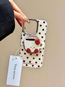Japanese and Korean Polka Dot Rotate Coffee Magnetic Bracket for Apple 16promax New Arrival 15pro Phone Case Iphone14 Classy 14promax Stylish Creative 16pro All-Inclusive 13 Protective Case