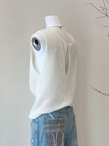 French Hollow out Backless White Ice Silk Knitted Vest Women Summer Thin Sleeveless Tank Top Trendy Cocoon Style Pure Color