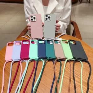 Crossbody Lanyard Matte Silicone Phone Case For iPhone 17 16 15 Pro Max 14 13 12 Necklace Strap Cord Candy Soft Shockproof Cover