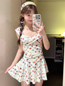 Conservative One-Piece Swimsuit for Women with Steel Support And Gathered Design Sweet Style Short Sleeve round Neck Swimming Suit