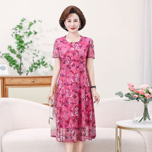 New Summer Fashion Mommy Dress Short Sleeve Chiffon Skirt Large Size 50 Years Old Women Middle-Aged And Elderly Womens Clothing
