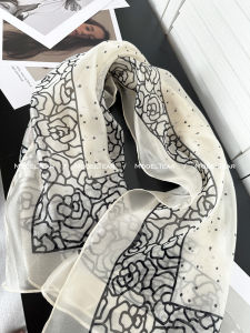 Large Polka Dot Camellia Silk Scarf Fashionable Decorative Polyester Fiber Rectangular Korean Style Womens Neck Warmer Spring Autumn
