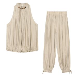 Womens Long Pants Set 2026 Summer Elegant Round Neck Sleeveless Linen Thin Pants Fashion Casual Street Vacation Two-Piece Set