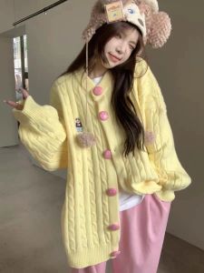 Fall and Winter Korean Style Cute Youth-Looking Dopamine Bear Embroidery Sweater Outwear Plus Size Casual Single Breasted Easiest for Match Tops
