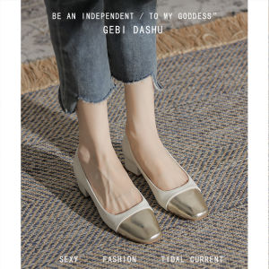 Fashionable Leather Spliced Color Block Single Shoes Womens mid Heel Slip-On Shoes for Daily Wear Matching with Skirts