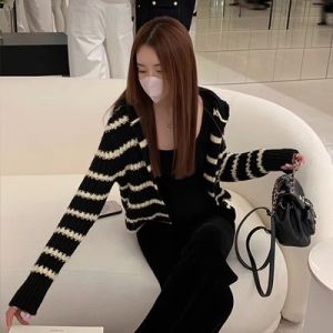 Womens Knitted Hooded Striped Open Cardigan Sweater Casual Top Coat Autumn Winter New Style Korean Version Nylon Fabric Long Sleeve V-Neck