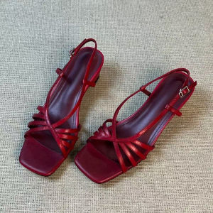 Summer Fashion Woven Red Sandals for Women Straight Strap mid Heel Exposed Toe Roman Style Womens Shoes