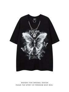 เสื้อยืดแขนสั้นผู้ชาย MOISHE TIDE ลายผีเสื้อ ทรงหลวม ทรงฮิปฮอป ผ้าฝ้ายแท้ ดีไซน์เก๋ไก๋ สำหรับฤดูร้อน