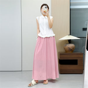 Seaign Womens High-Waist A-Line Skirt And Pure Color Shirt Suit Elastic Waist Sleeveless Turn-down Collar Fashion Set Suit