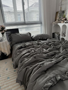 Elegant Butterfly Knot Embroidered Ruffle Hem Air Conditioning Summer Quilt Set of Four Washed Cotton Lightweight Coverlet