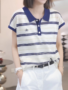 Shalldoer | Fashionable Stripe Color Block Short Sleeve T-Shirt Womens 2025 New Summer Turn Collar Versatile Workwear Top Straight Cut