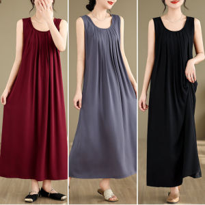 ชุดเดรสยาวคอตั้งแขนกุดผ้าไหมคอตตอนฤดูร้อน 2025 สำหรับผู้หญิง ทรงหลวม ทรงเข้ารูป ไซส์ใหญ่ เดรสยาวคลุมเข่า