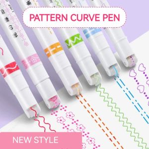6Pcs/Set Highlighter Pen Quick-drying Floral Contour Curve Pen Roller Tip Curve Stationery School Office Supplies Gifts