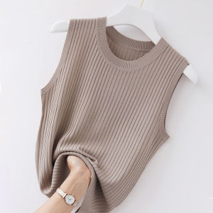 IRENASTORY Knit Vest for Women Casual Chic Style Sleeveless T-shirt Solid Color Stretching Tank Top for Lady