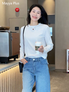 Mayya plus Womens Long Sleeve T-Shirt round Neck Crocheted Hollow out Design Cotton Blend Spring Fashion Roll up Sleeve White Top