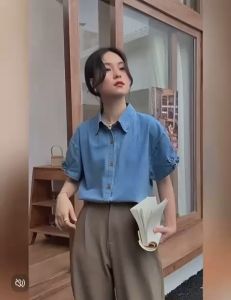 SJM KEMEJA KASUAL PRITTY DENIM TANGAN KARET L. PENDEK WANITA IMPORT HKK 9103