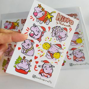 สติ๊กเกอร์ handmade ลายน้องฮิปโป หมู เด้งดึ๋ง สติ๊กเกอร์กระดาษมันเงา กันน้ำ