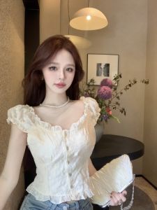 GUZILIAN | Summer New Womens French Floral Bubble Sleeve Chiffon Shirt Short Sweet Sleeve White Shirt Casual Style Slim Fit Polyester Fiber