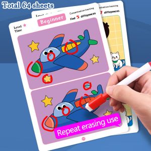 64PCS Find Differences Card Game for Children Reusable Wiping Paper 3 Difficulty Levels Cartoon Educational Puzzle for Kids