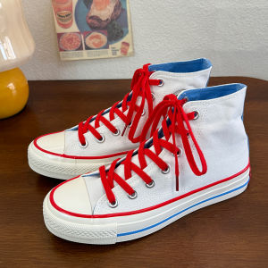 Retro Flat Bottomed Laced Canvas Shoes White And Red Hong Kong Style Casual mid Top Youth And Teenagers All Season Wear