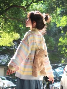 Colorful Knitted Sweater Coat Women Early Autumn 2025 New Korean Lazy Style Long Sleeve Stand Collar Thickened Autumn Winter Dopaamine Outfit