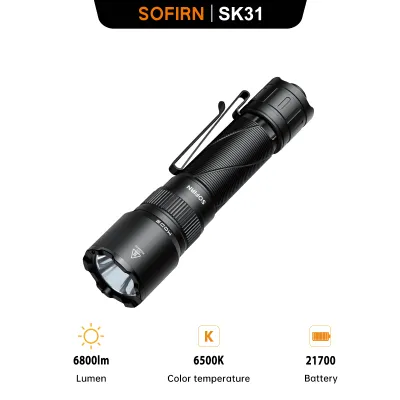 Sofirn SK31 LED Flashlight Max 6800 Lumens 6500K-7000K Cool White Light with adjustable spot/flood modes triple control switches Type-C charging support and a 5000mAh removable battery