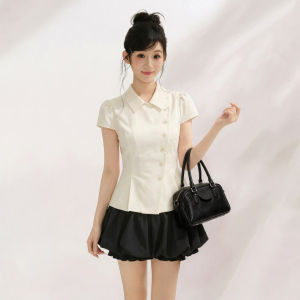 OGOKO | Polo Collar Oblique Button Slim Fit Summer Blouse