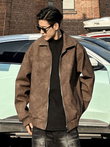 เสื้อแจ็คเก็ตหนังสไตล์อเมริกัน Cleanfit สำหรับผู้ชาย สีดำ คอปกพับ ทรงหลวม ฤดูใบไม้ผลิและฤดูใบไม้ร่วง เสื้อกั๊กบุขนแกะแบบสวมหัว