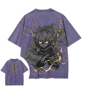 Bandai | Demon Slayer Mens Womens Washed T-Shirt Zenitsu Agatsuma Summer Spring Anime Tee Retro Distressed High Quality Short Sleeve