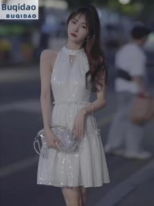 Elegant Short A-Line Dress Slimming Waistline Sleeveless Neck Hanging Shoulder Dress Cotton Fabric Pure Color Sweet Style