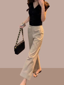 Shalldoer | Casual Fashionable Womens Two-Piece Set Sleeveless High Waist Wide Leg Pants V-Neck Long Pants Summer 2025 Age-Defying