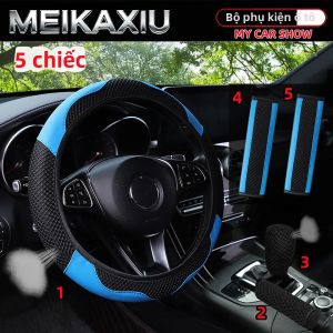 Bộ 5 Món Bọc Vô Lăng Xe Hơi Bằng Da PU Lưới Không Viền 38CM Kèm Bao Tay Phanh Và Bao Cần Số Tương Thích Mọi Mùa